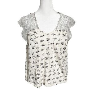 Lucky Brand Los Angeles Patterned Top With Ruffle Sleeve White & Black Sz S/P